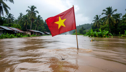 Devastating flood in Vietnam with national flag waving amidst rising waters and submerged homes, showing climate change impact on coastal communities