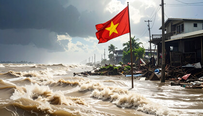 Devastating flood in Vietnam with national flag amid destruction, powerful storm surge, and turbulent waves impacting coastal community after severe weather event