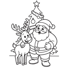 Cheerful Santa Claus hugs a smiling reindeer while standing next to Christmas tree outline, coloring book, contour, outline, page, kids, coloring page, book, printable, easy, coloring, pages