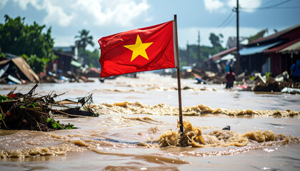 Devastating floodwaters engulf a Vietnamese village, the national flag still standing amid the destruction, symbolizing resilience during a natural disaster