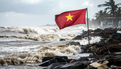 Powerful ocean waves crash onto the shore next to the Vietnamese flag after a typhoon, evoking resilience and national pride in the face of adversity