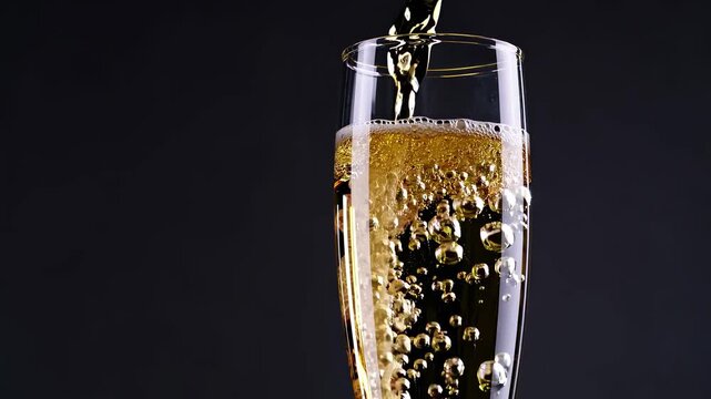 Champagne being poured against a dark backdrop, illuminated by dazzling spotlights