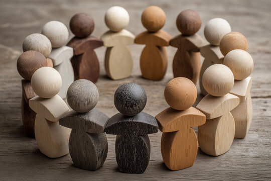 Diverse wooden mannequins forming circle of support, representing cultural harmony, inclusion, and empathy across differences in community and professional environments 
