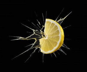 Lemon Slice with Water Splash Isolated on Black Background