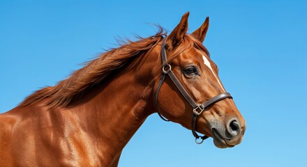 Obraz premium Majestic Horse: A close-up portrait of a powerful, regal horse with a gleaming coat and flowing mane set against a clear blue sky. It radiates strength, beauty, and grace.