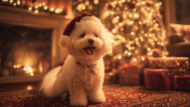 Maltese Wearing Santa Hat in Warm Cozy Living Room