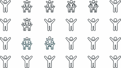 Illustration showing multiple stick figures with raised arms and some are stacked on each other in a grid pattern