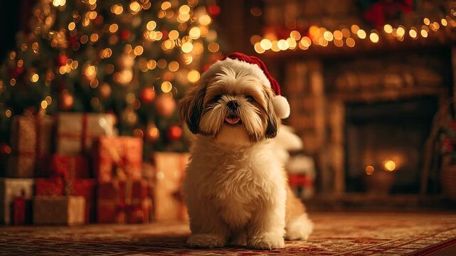 Shih Tzu Wearing Santa Hat in Warm Cozy Living Room
