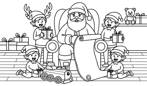 Santa Claus reads the list while elves deliver the gifts in a room background, coloring book, contour, outline, page, kids, coloring page, book, printable, easy, coloring, pages