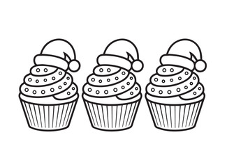 Three festive cupcakes wearing Santa hats are isolated against a transparent background, coloring book, contour, outline, page, kids, coloring page, book, printable, easy, coloring, pages
