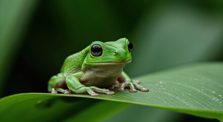 Obraz premium The Emerald Gaze: A captivating close-up of a vibrant green frog perched elegantly on a lush leaf, its large eyes reflecting the serenity of nature. 