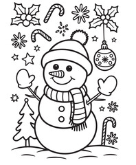 Winter features a smiling snowman with a striped scarf amidst Christmas decorations ,coloring book, contour, outline, page, kids, coloring page, book, printable, easy, coloring, pages
