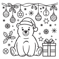 Cartoon bear with Santa hat sits near gift box amidst holiday decorations, coloring book, contour, outline, page, kids, coloring page, book, printable, easy, coloring, pages
