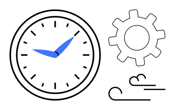 Clock with blue hands, gear, and wind lines emphasizing time, efficiency, and workflow. Ideal for productivity, time management, optimization, workflow scheduling efficiency simple flat metaphor