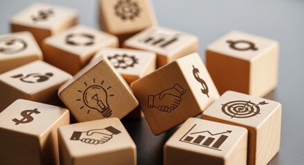 Business strategy icons on wooden blocks closeup view