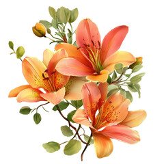 Obraz premium Vibrant Orange Lily Flowers with Green Leaves on Black Background floral bloom, Isolated On White Background, Png Transparent