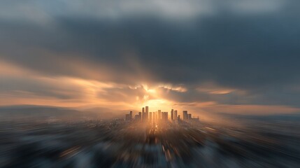 Blurry cityscape at sunset with golden sky soft bokeh lights and urban silhouettes dreamy evening skyline atmospheric background for web banners posters wallpapers social media and travel visuals