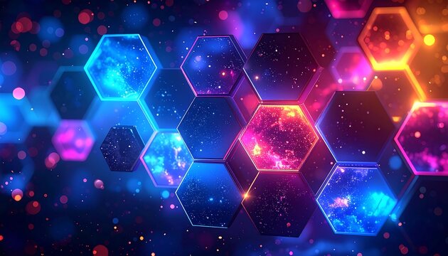 A vibrant, abstract digital art piece showcasing a collection of interconnected hexagons. Each cell displays a galactic, colorful interior - Powered by Adobe