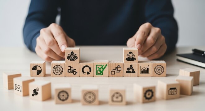 Concept of Business strategy success shown through wooden blocks