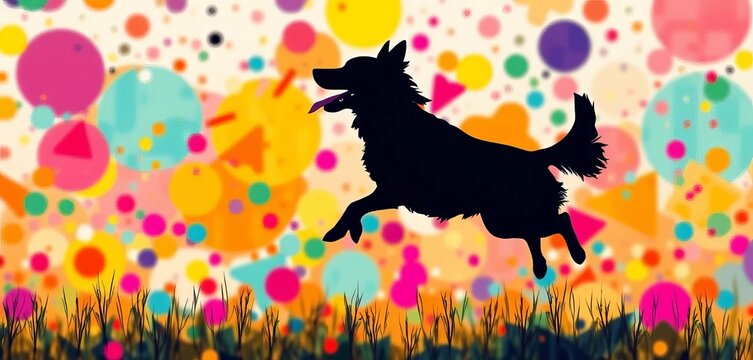 A silhouette of a happy dog with its tongue out, jumping joyfully in an abstract field of colorful shapes, evoking a sense of freedom and fun,  abstract,  animal