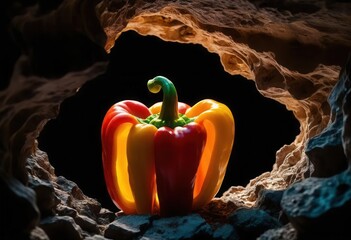 Vibrant Bell Pepper Illuminated in a Cave-Like Setting