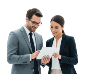 Business professionals reviewing tablet transparent background cutout png