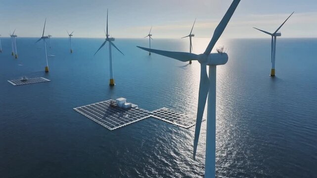 Offshore wind farm and floating solar panels generating clean energy in the ocean with turbines