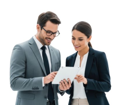 Business professionals reviewing tablet transparent background cutout png