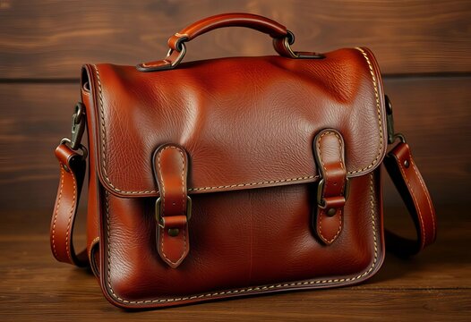 Handcrafted leather satchel, rich brown tone, intricate stitching,  leather goods,  texture - Powered by Adobe
