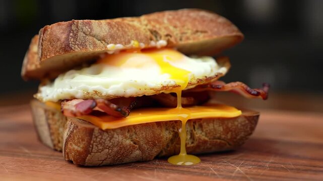Fried egg sandwich with bacon and cheese, dripping yolk, on wooden cutting board, for food advertising
