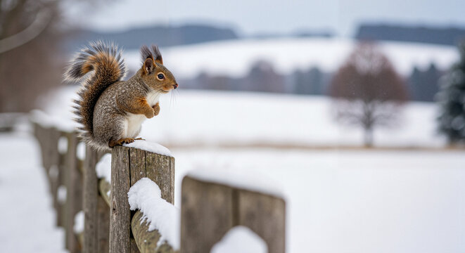Squirrel sitting on wooden fence post in snowy winter landscape   - Powered by Adobe