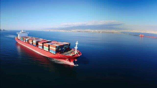 Aerial view of a large cargo ship loaded with containers, sailing in calm blue waters. The video captures the vastness of the sea and ship's journey. Live desktop wallpaper.