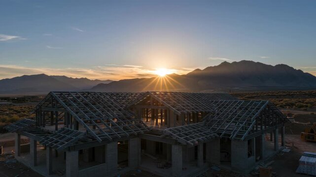 House construction with sunset view and mountain range