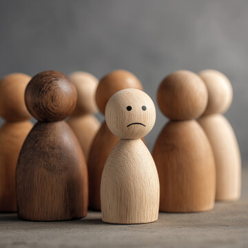 Lonely wooden doll sitting apart from group, expressing sadness, isolation, and depression in workplace or social exclusion theme.