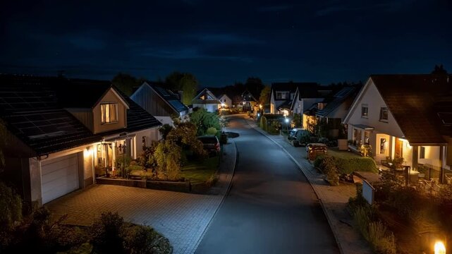 Medium shot of efficient LED motionsensor lights illuminating a driveway showcasing energysaving security solutions in residential areas.
