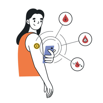 Flat cartoon vector illustration of woman checking blood sugar with continuous glucose monitor and smartphone. Health tracking, diabetes control, smart medical devices and wellness technology
