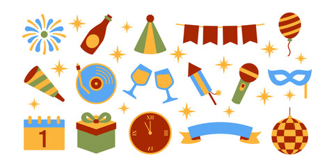 New Year Party Flat Colored Icon Bundle with Fireworks, Champagne, Mask, and Celebration Items