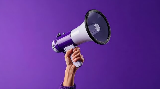 Bright purple megaphone held high in a hand against a vibrant purple background during an energetic rally