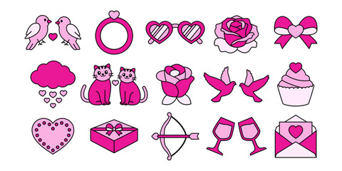 Valentine Love Line Colored Icon Bundle with Heart, Rose, Cupid Bow, and Romantic Symbols