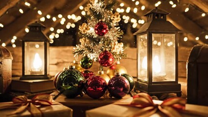 Rustic attic decorated for Christmas with a small tree, gifts, and glowing lanterns. Cozy, vintage holiday scene with warm string lights. - Powered by Adobe
