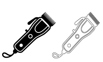 Vector Illustration of Hair Clipper Icon in Solid Silhouette and Line Art Style, Professional Barbershop Tool, Haircut Grooming Equipment, Black and White Monochromatic Design