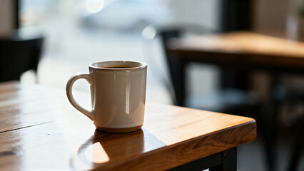Minimalist white coffee mug on wooden table in soft natural light home interior concept