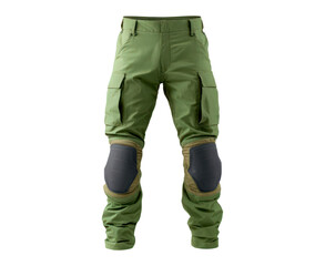 Durable tactical green pants with knee pads for outdoor adventure and hiking on transparent background