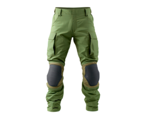 Durable tactical green pants with knee pads for outdoor adventure and hiking on transparent background