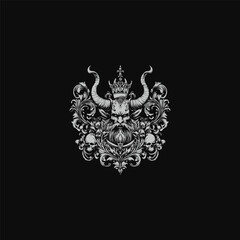 hand-drawn illustration in a classic heraldry style, featuring a crowned horned devil or dark god figure with a beard
