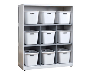 Organized storage solution with modern white plastic bins on shelving on transparent background