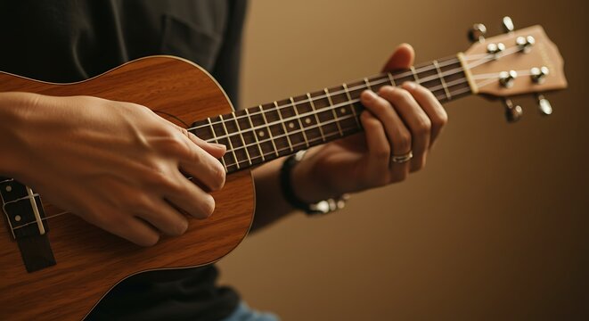 Close up of hands playing ukulele creating musical sounds on brown instrument