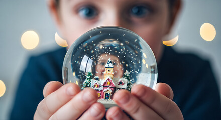Child holding a snow globe with a festive scene inside bokeh lights in background.