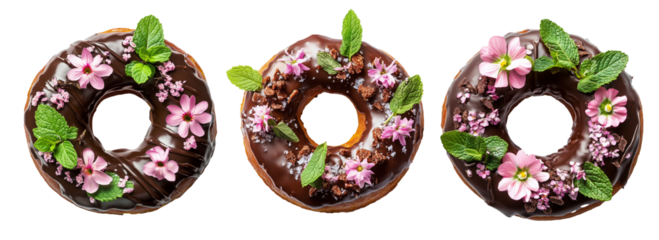 Donut with chocolate glaze decorated with colorful edible flowers and mint leaves, isolated on a white background.