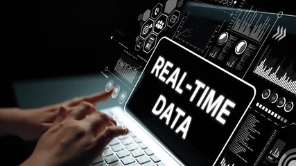 Hands Interacting with Keyboard Showing Real-Time Data Analytics and Digital Graphs on Overlay Screen for Business Insights. Asymptotic smart data analytic. - Powered by Adobe